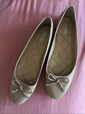 Michael Kors Tan Quilted Ballet Flats with Bow and Silver Accents